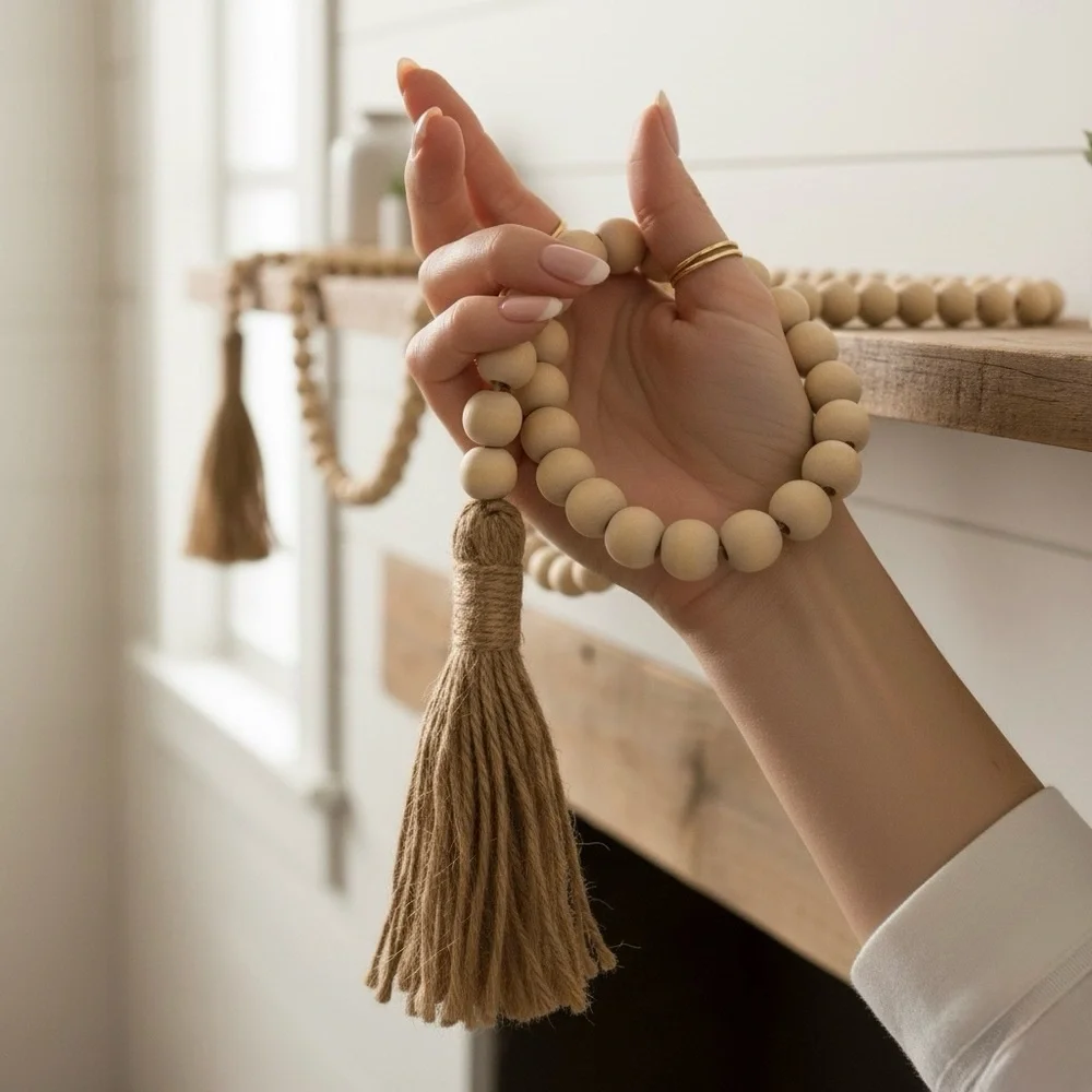 Handmade Wood Bead Garland | 58” Boho Farmhouse Tassel Decor | Gift Ready - Picture 3 of 16